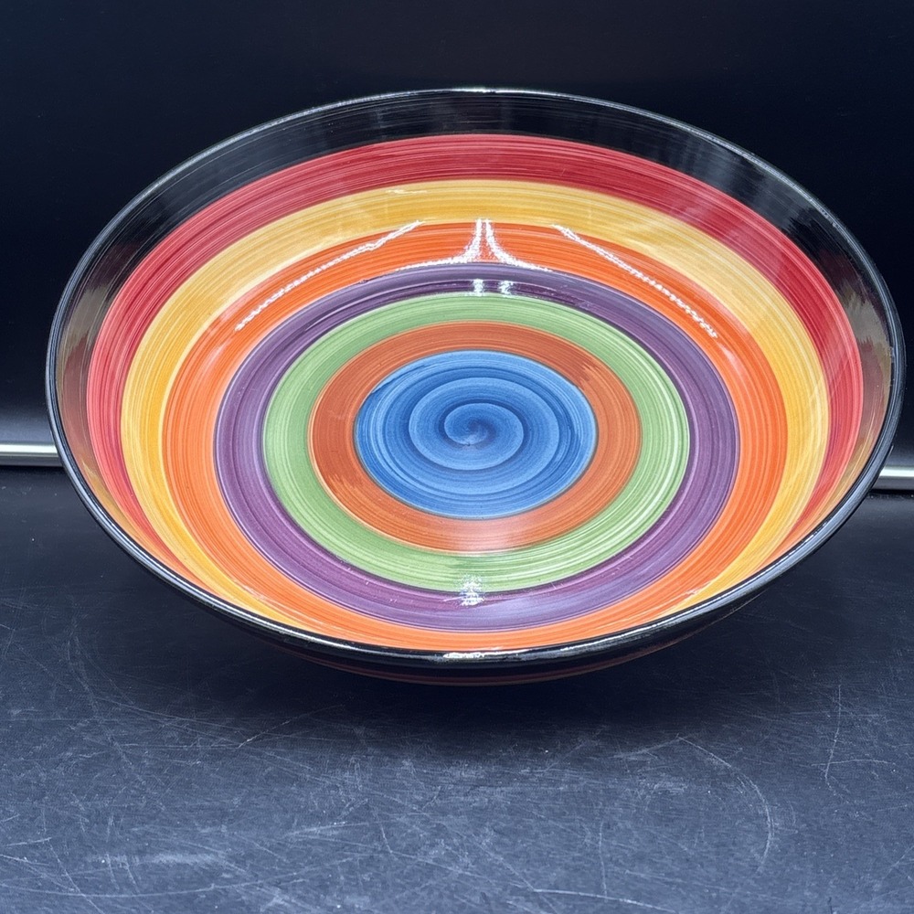 Philippe Richard RONDO Colored Bands Stoneware Hand Painted Swirl Serving Bowl